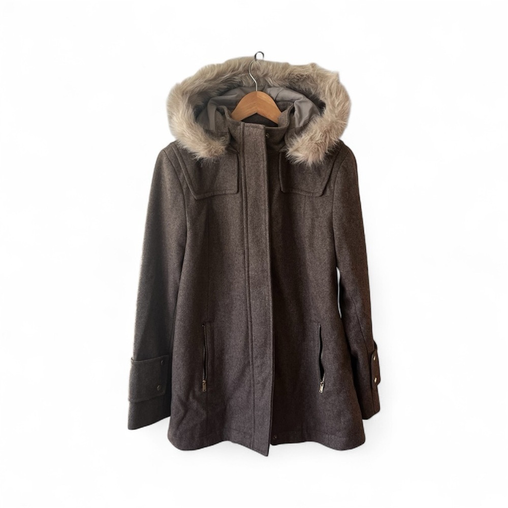 a new day Taupe Women's Wool Coat with a faux fur collar hood.